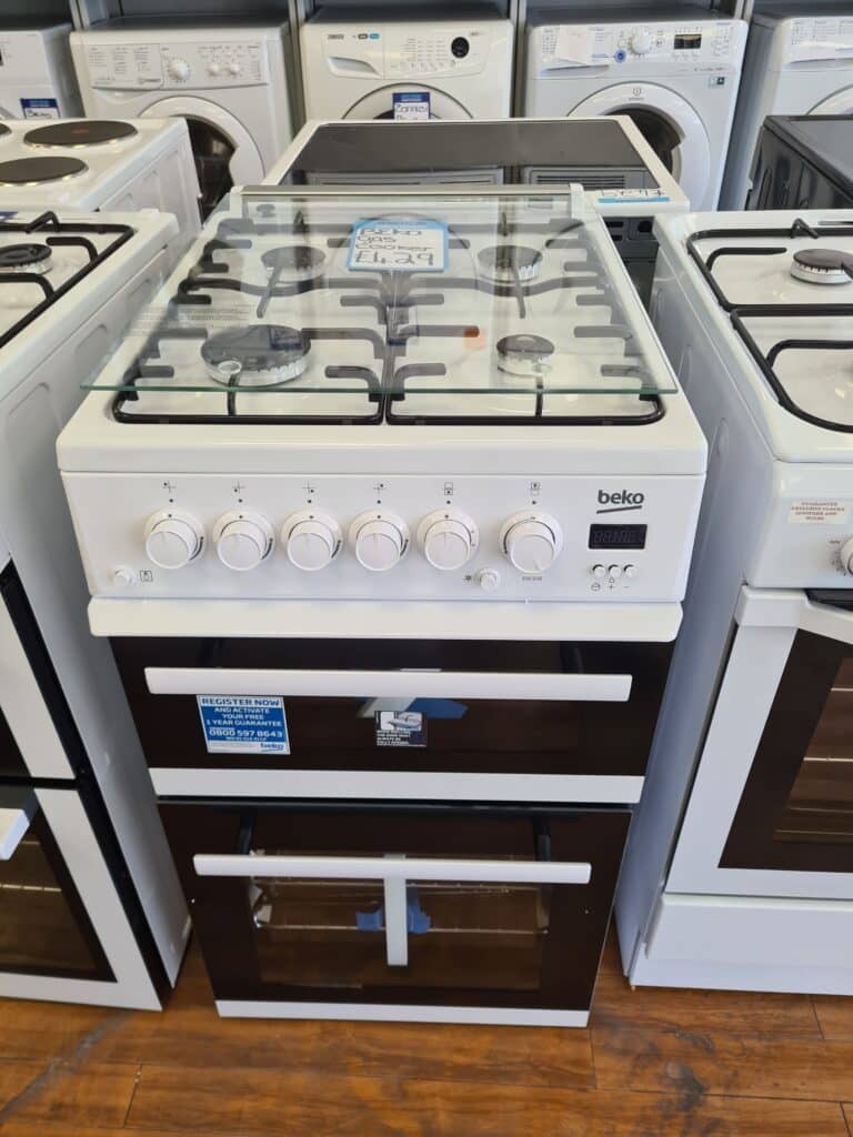 Beko EDG506W 50cm Twin Cavity Gas Cooker With Glass Lid White